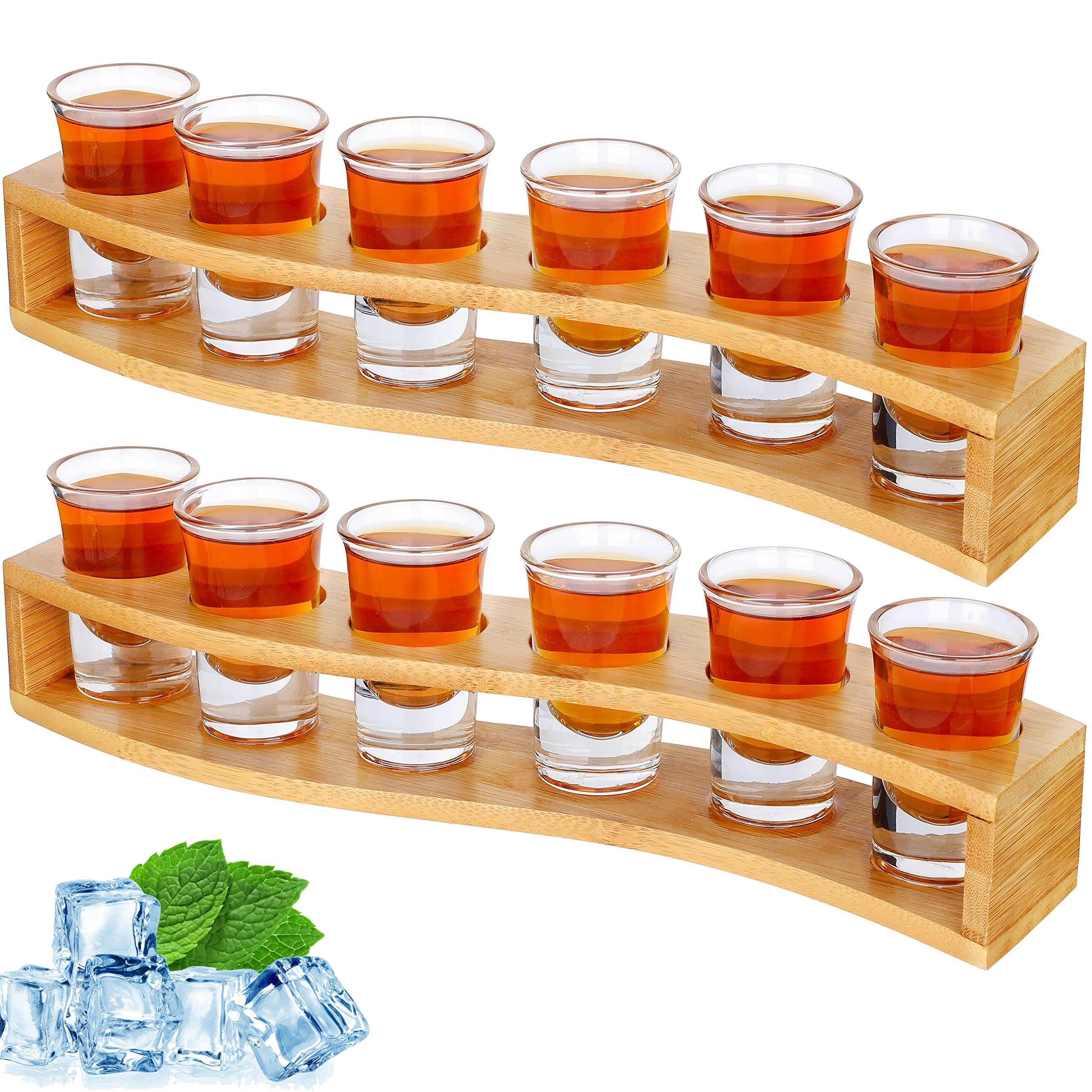 Shot Glasses Set of 12 Bulk Fun Shot Glasses and Holder 30ml/1oz Clear Crystal Shot Glass with Tray Serving Board Organizer for Liquor Shot Tequila Whisky Brandy Vodka Rum Cocktails Party