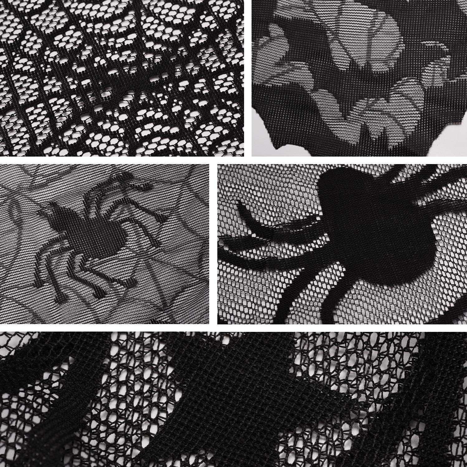 Beeager 5 Pack Halloween Spider Decorations Sets -Halloween Fireplace Mantel Scarf & Round Table Cover & Lace Table Runner & Cobweb Lampshade & 60 pcs Scary 3D Bat for Halloween Party Decors: Furniture & Decor