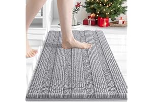 Grandaily Chenille Striped Bathroom Rugs 24x16, Extra Thick and Absorbent Bath Mats, Non-Slip Soft Plush Shaggy Shower Carpet, Machine Wash Dry, Bath Rug for Bathroom, (Small, Light Grey)