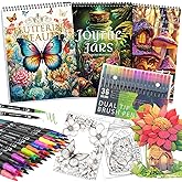 Coloring Books for Adults Relaxation, Stress Relief Coloring Book with 36 Dual Tip Markers, Spiral Coloring Book Set with 72 Patterns Include Magic & Butterfly & Jars, Relaxing Gift for Women