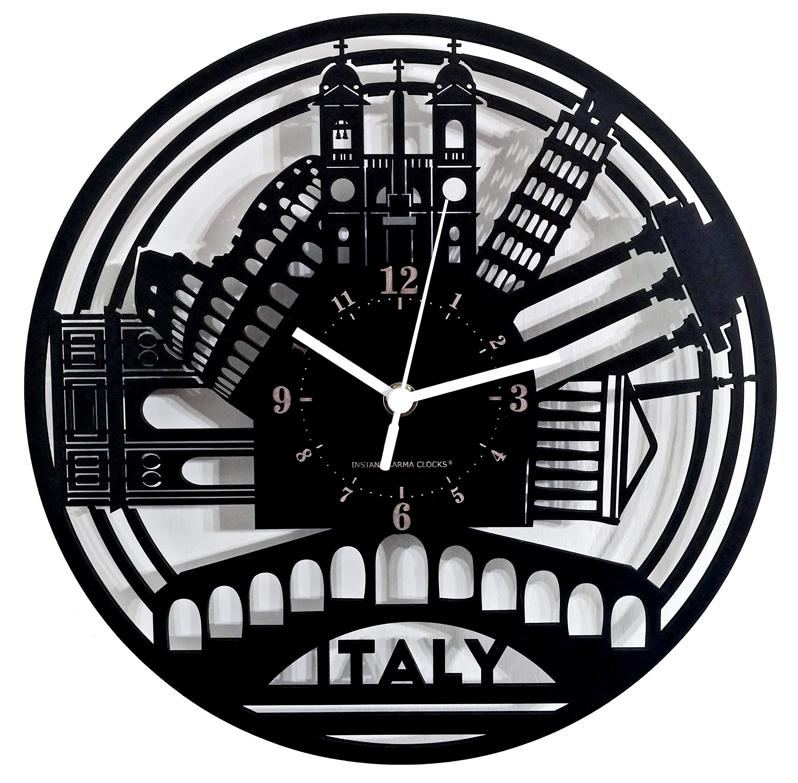 Instant Karma Clocks | Italy Wall Clock with Rome, Pisa, Venice and Milan Landmarks | Silent No-Ticking | Perfect for Bedroom, Office, Studio, Cabin, Living Room | Unique Decoration