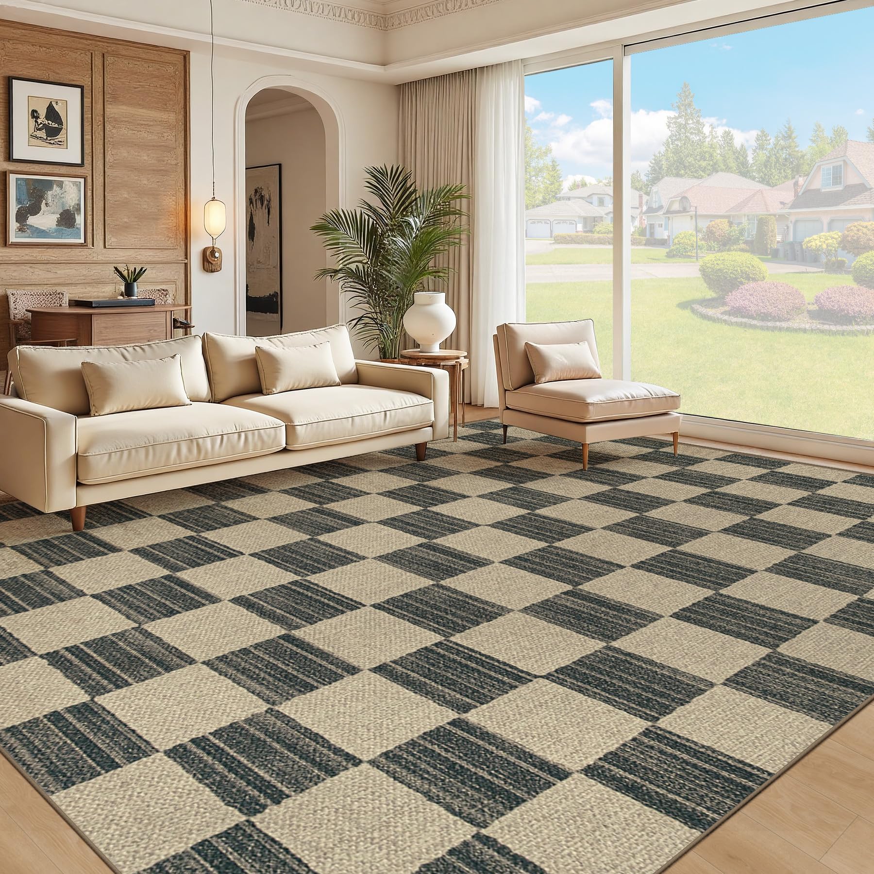 Easy Jute Rug 9x12 Checkered Rugs: Washable Woven Area Rug Non Slip Non Shedding Indoor Outdoor Carpet Large Rugs for Living Room Bedroom Dining Room Farmhouse Patio (9'x12' Black Checkerboard)