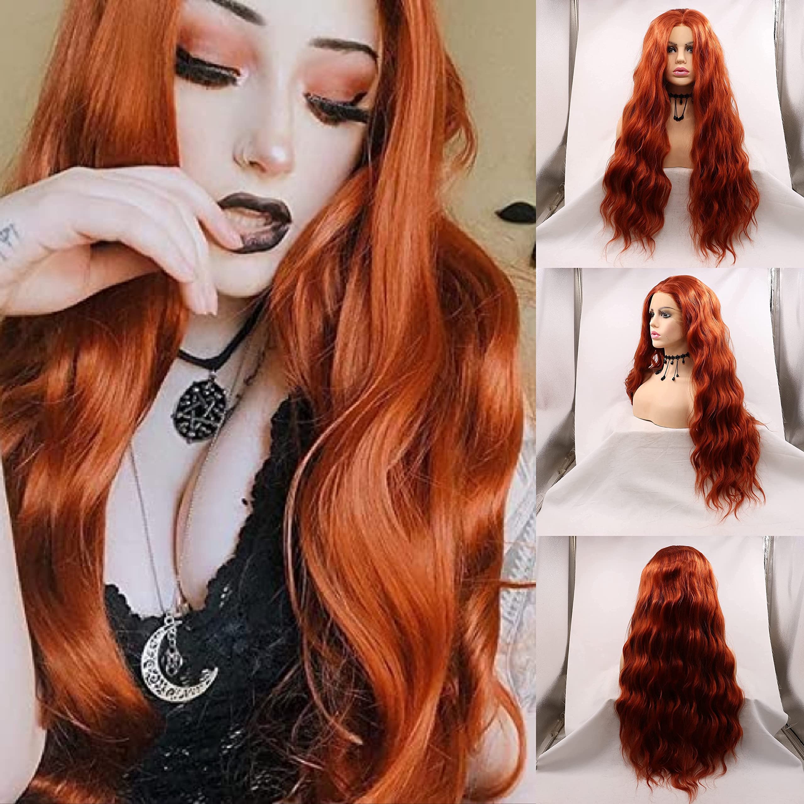 Copper Red Water Wave Lace Front Wigs #360 Natural Heat Resistant Ginger Orange Red Synthetic Hair Half Hand Tied Wigs for Women (24 Inch, #360/lace front wig)