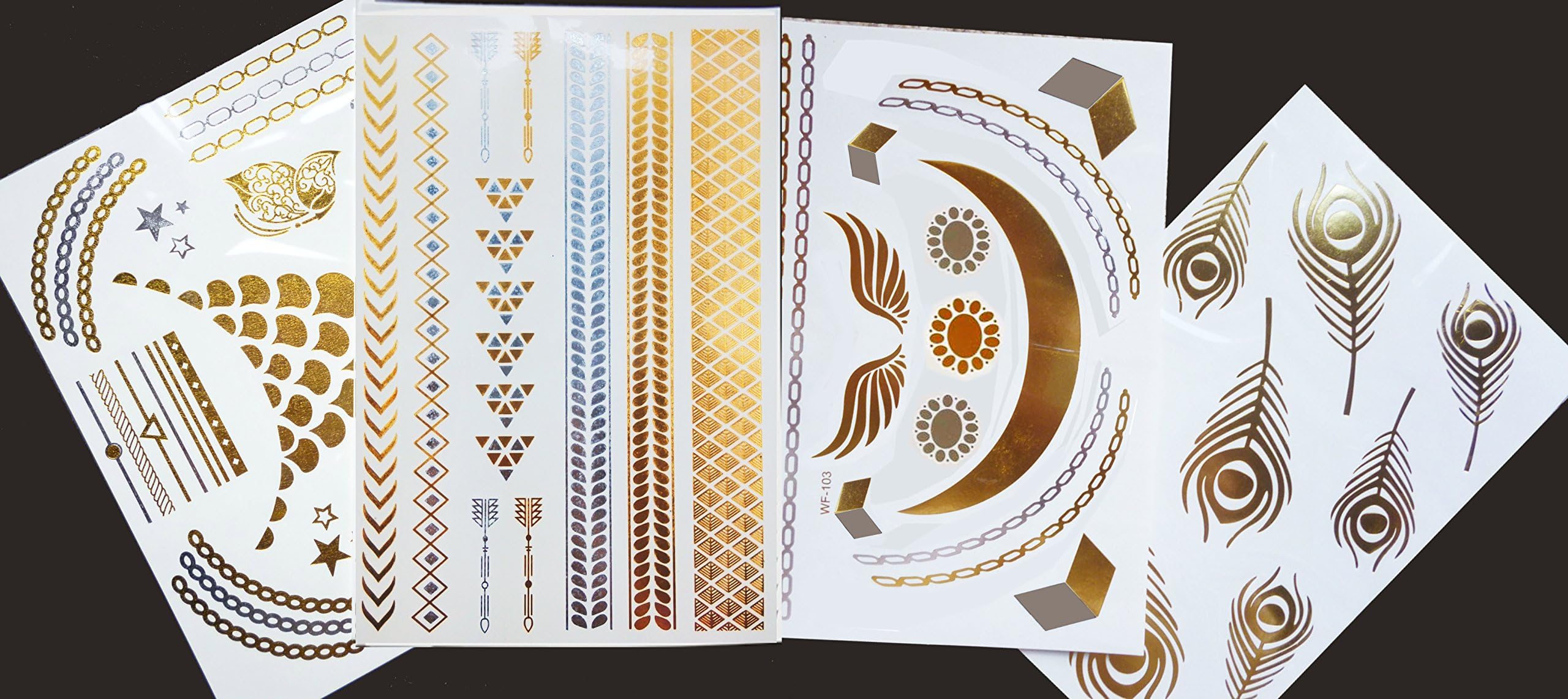 Righteous Lotus Temporary Metallic Tattoos - Fun-filled Assortment of Necklace, Bracelet and Feather Tattoos (Alessa/Mara Collection - 4 sheets)