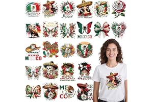 Falueqg Mexican Independence Day Iron on Transfers - 24Pcs Dtf Transfers Ready to Press, Mexican Flag Iron on Decals Patches for Tshirts, Mexico Themed Heat Stickers for DIY Jeans Tshirts Clothing