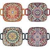 Ceramic Salad Square Plates With Double Handle, 9.2in Boho Serving Plates Set Of 4 For Appetizer, Cereal, Oatmeal, Dessert, Pasta, Dishwasher And Microwave & Oven Safe, Present & Party, Colorful