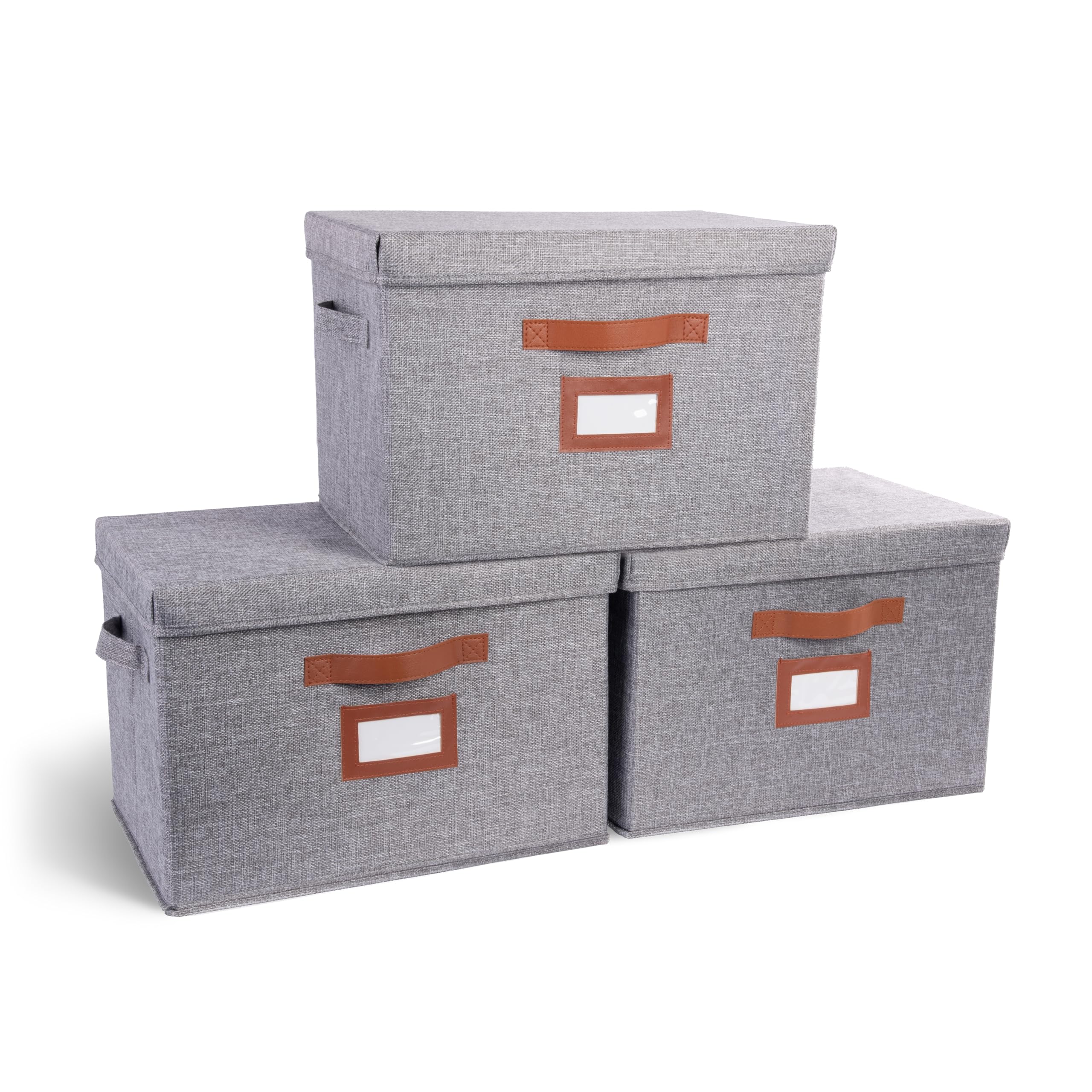 Photo 1 of Clutter Cure 3 Pack Large Fabric Storage Box with Lid - Decorative Bin with Lid, Label Holder, Faux Handles - Large Decorative Storage Boxes with Lids for Organizing Clothes, Blankets - Steel Gray