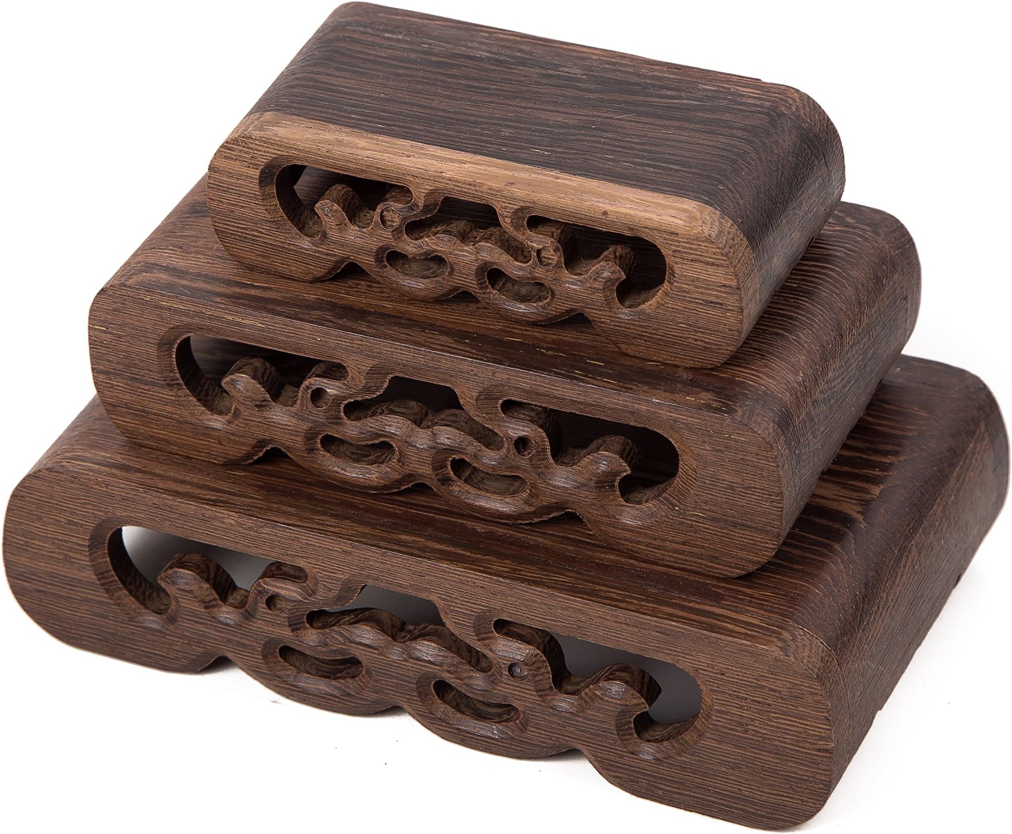 Display Stand Wooden Rectangle Shape Carved Solid Rosewood Chicken Wing Wood JiChi Display Base Holder For Small Little Statues Items Home Decoration Include 3 Stands/set