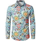PARKLEES Men's Cotton Linen-Like 70s Disco Retro Traditional Pattern Printed Long Sleeve Button Down Shirt
