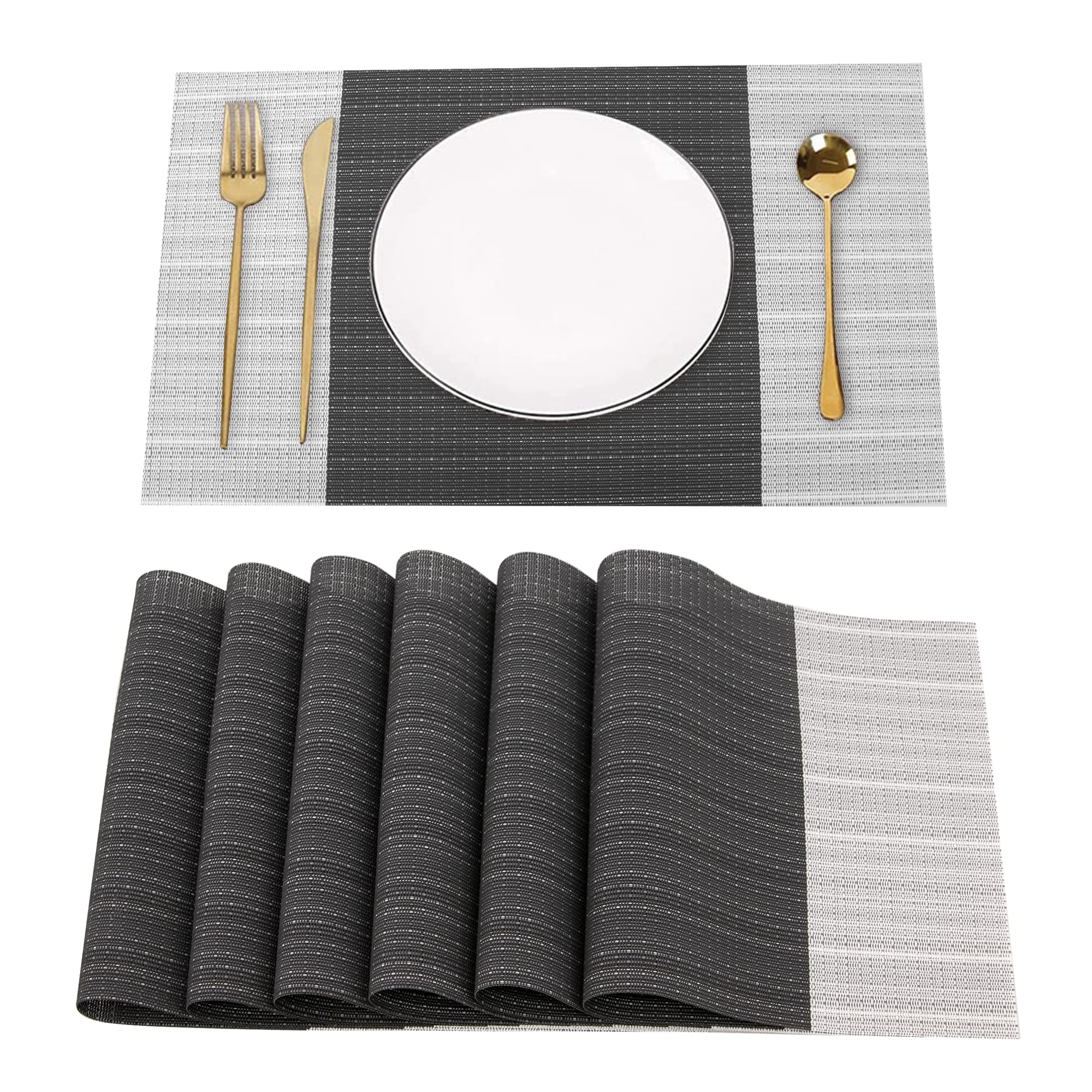 Time to Sparkle Set of 6 Vinyl Woven Placemats Place Mats Non slip Table Mats Waterproof Heat-resistant Dinning Table Mats Decor (PVC-GRID-BLK)