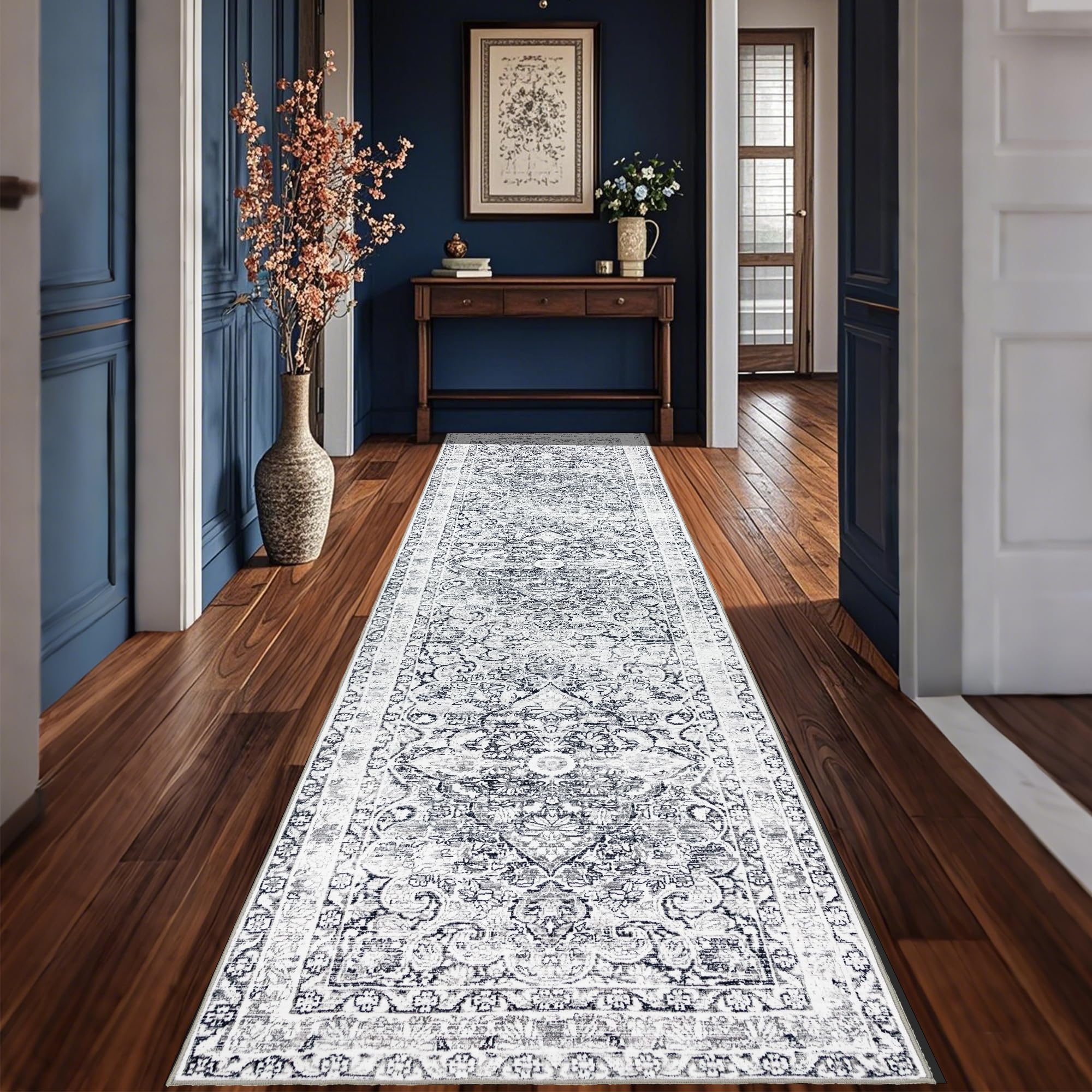 Photo 1 of 3x10 Hallway Washable Runner Rug : Vintage Soft Kitchen Bathroom Laundry Runner Non Slip Backing Farmhouse Entryway Floor Mat Stain Resistant Carpet for Bedroom Living Room Distressd Beside Rug(beige)