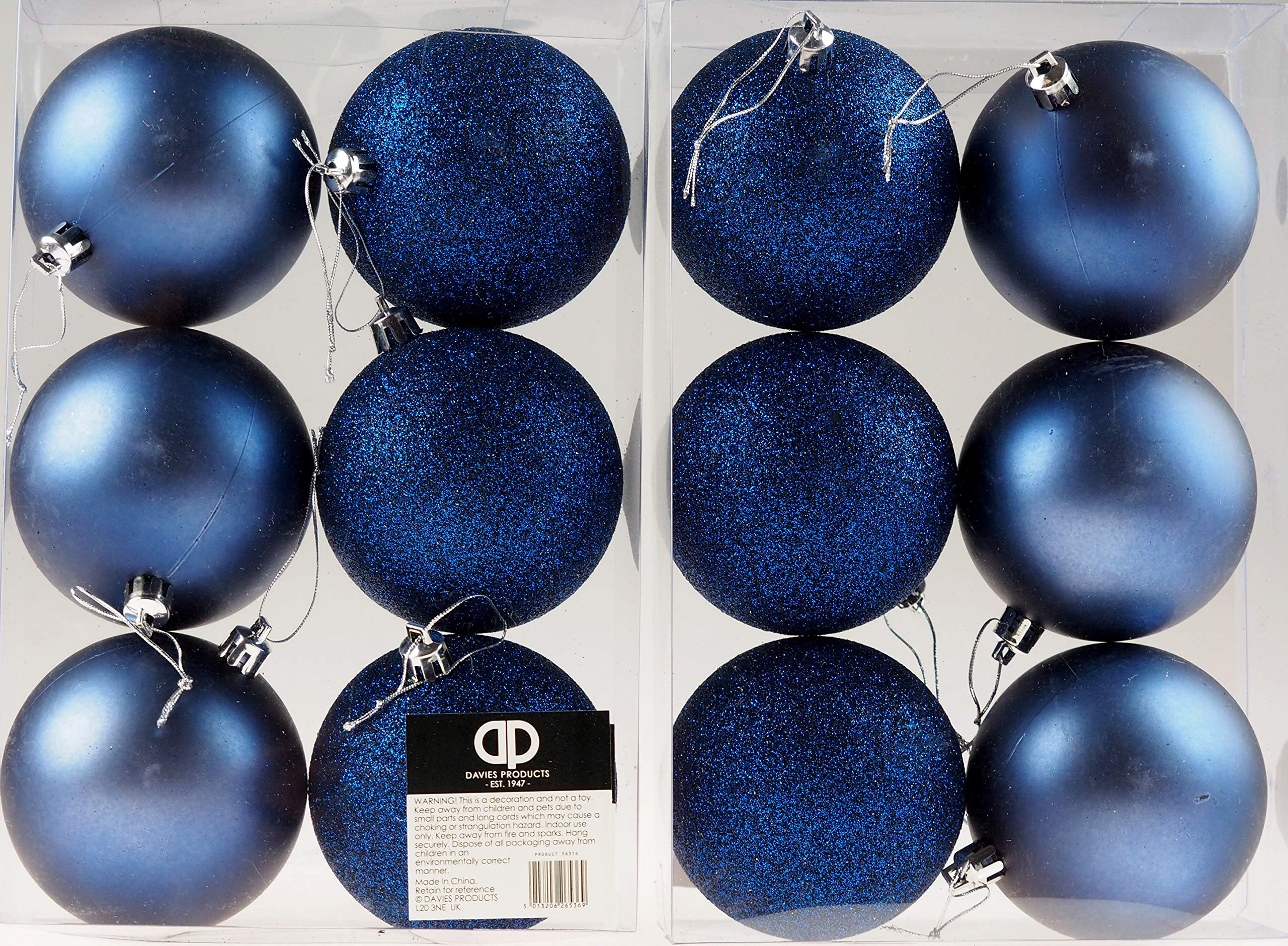 Set Of 12 Midnight Blue Navy Christmas Tree Baubles Decorations