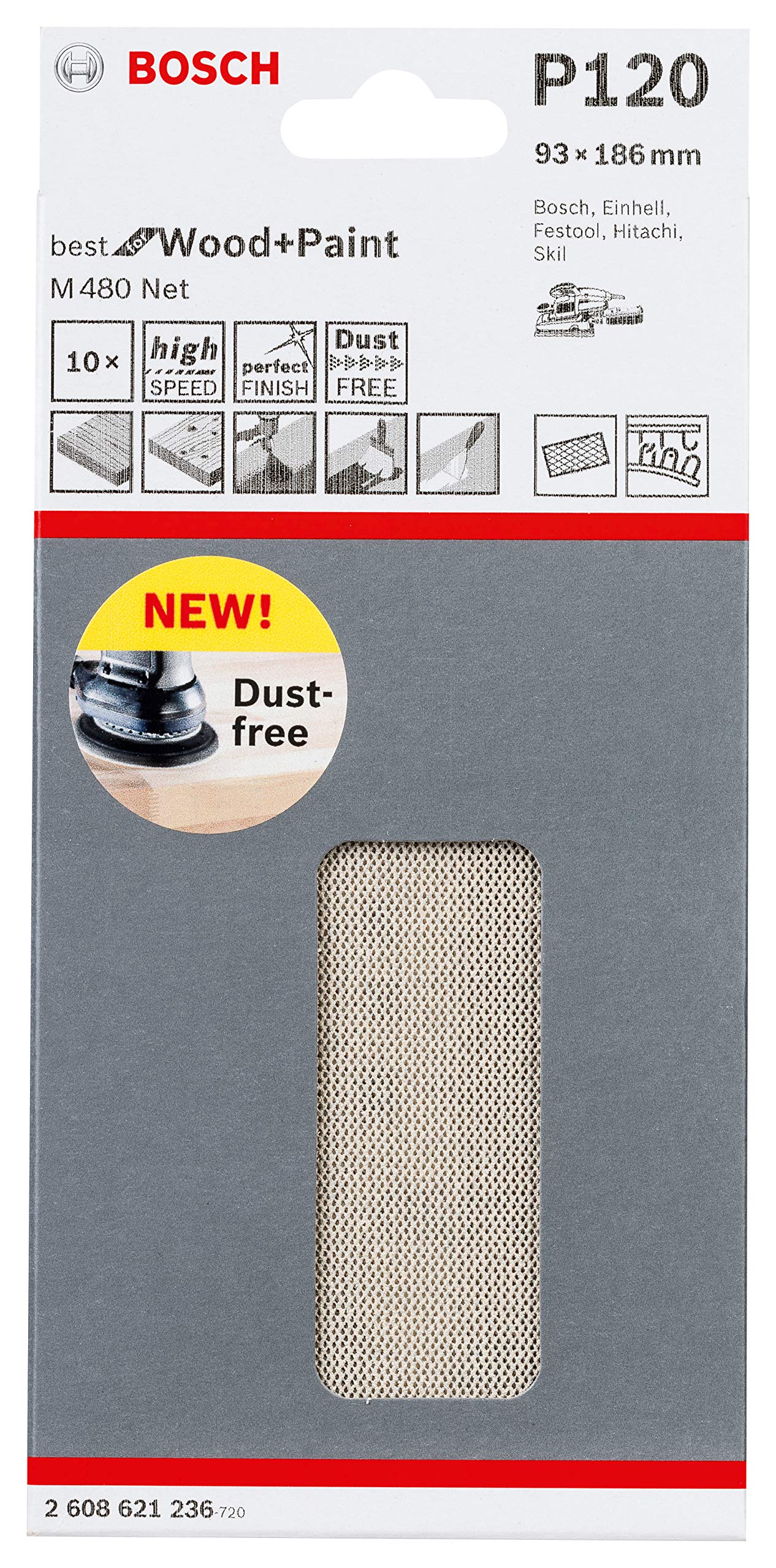 Bosch Professional Set of 10 Sanding Sheets M480 Best for Wood and Paint (Wood and Paint, 93 x 186 mm, grit G120, Accessories for Orbital Sanders)