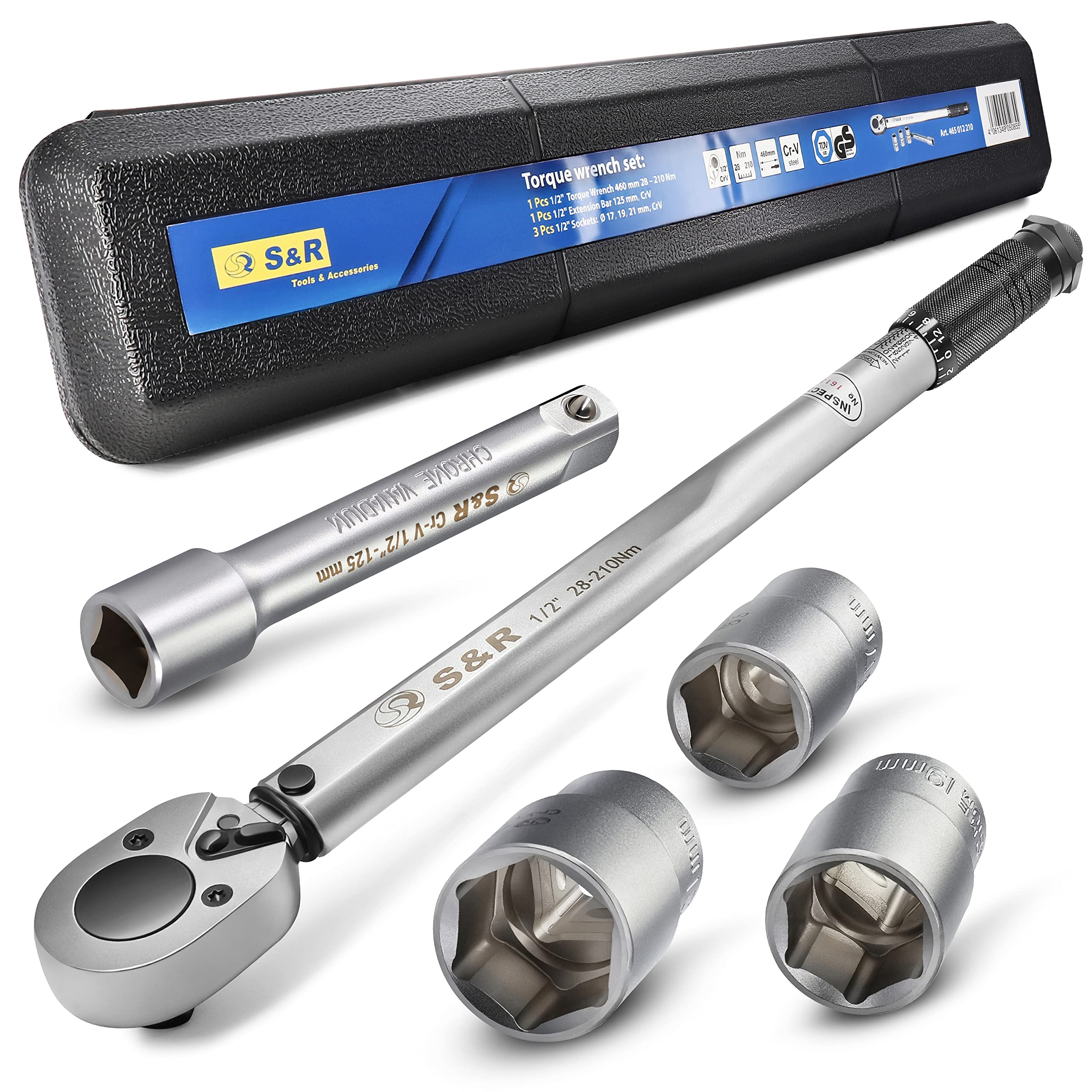 S&R Torque Wrench Set 1/2" - 47.5 cm (28-210 Nm) + 1/2 inch Extension 12.5 cm + 3 Sockets (17, 19, 21 mm) - Break-Resistant, Professional Quality for Precision Work.