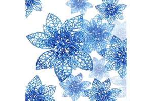 Boao 24 Pieces Christmas Poinsettia Tree Ornament Artificial Flowers Christmas Decoration Glitter Ornament, 3/4/6 Inches(Blue)