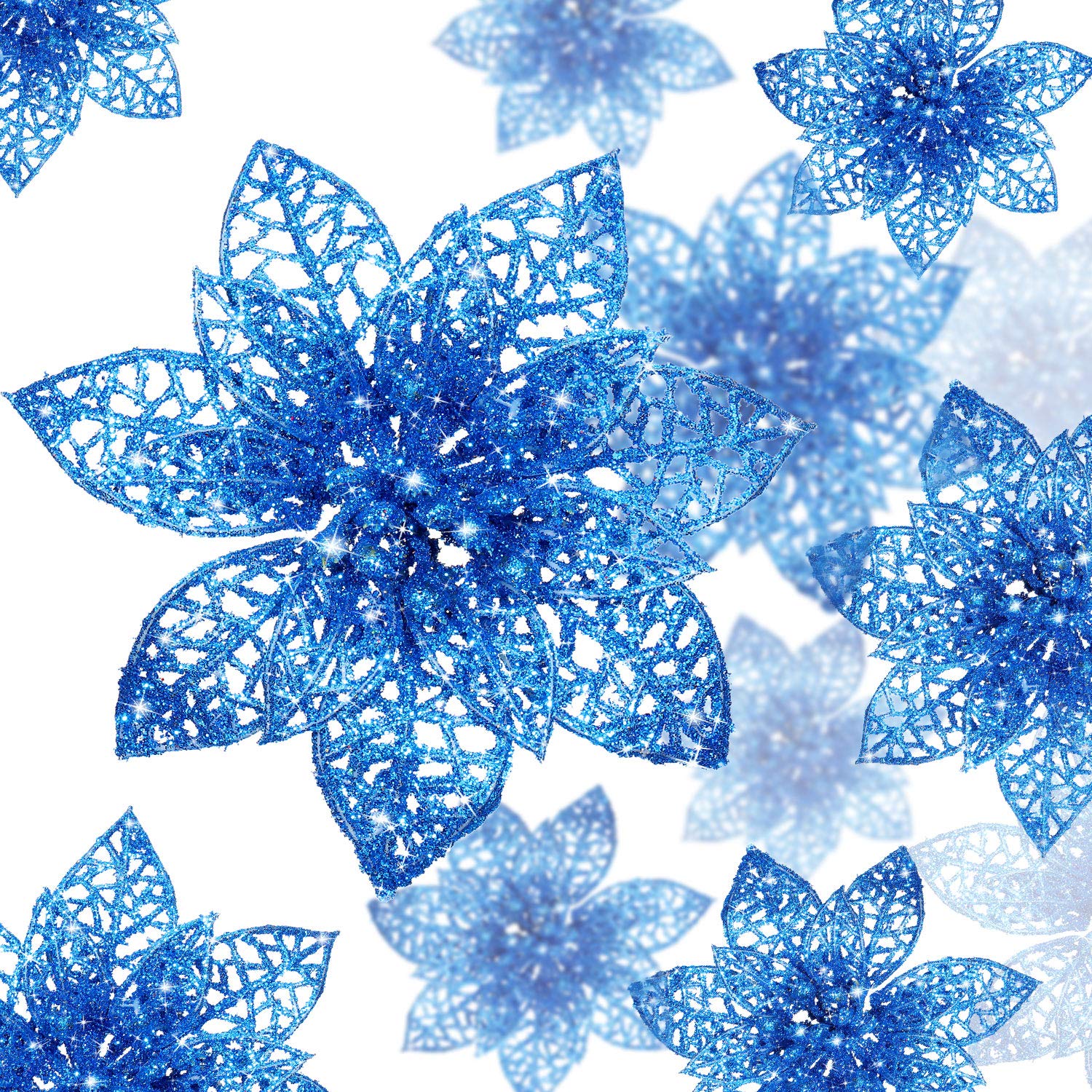24 Pieces Christmas Poinsettia Glitter Christmas Tree Ornament Christmas Flowers Decor (Blue)