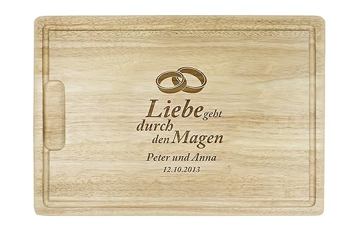 Schneidebrett mit besonderer Gravur ' Liebe geht durch den Magen ' - Motiv [EHERINGE]- Personalisiert mit [WUNSCHNAMEN] und [