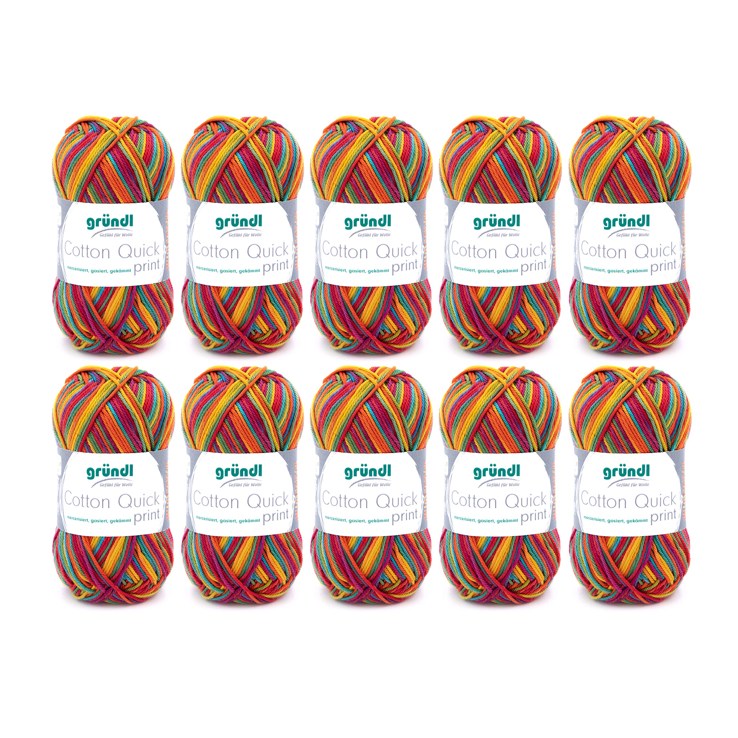 Gründl Cotton Quick Print Knitting Yarn/Crochet Yarn, Colourful 100% Cotton, Oeko-Tex Certified, 50 g/125 m, Needle Size: 3-4, 10 x 50 g, Carnival Multicoloured