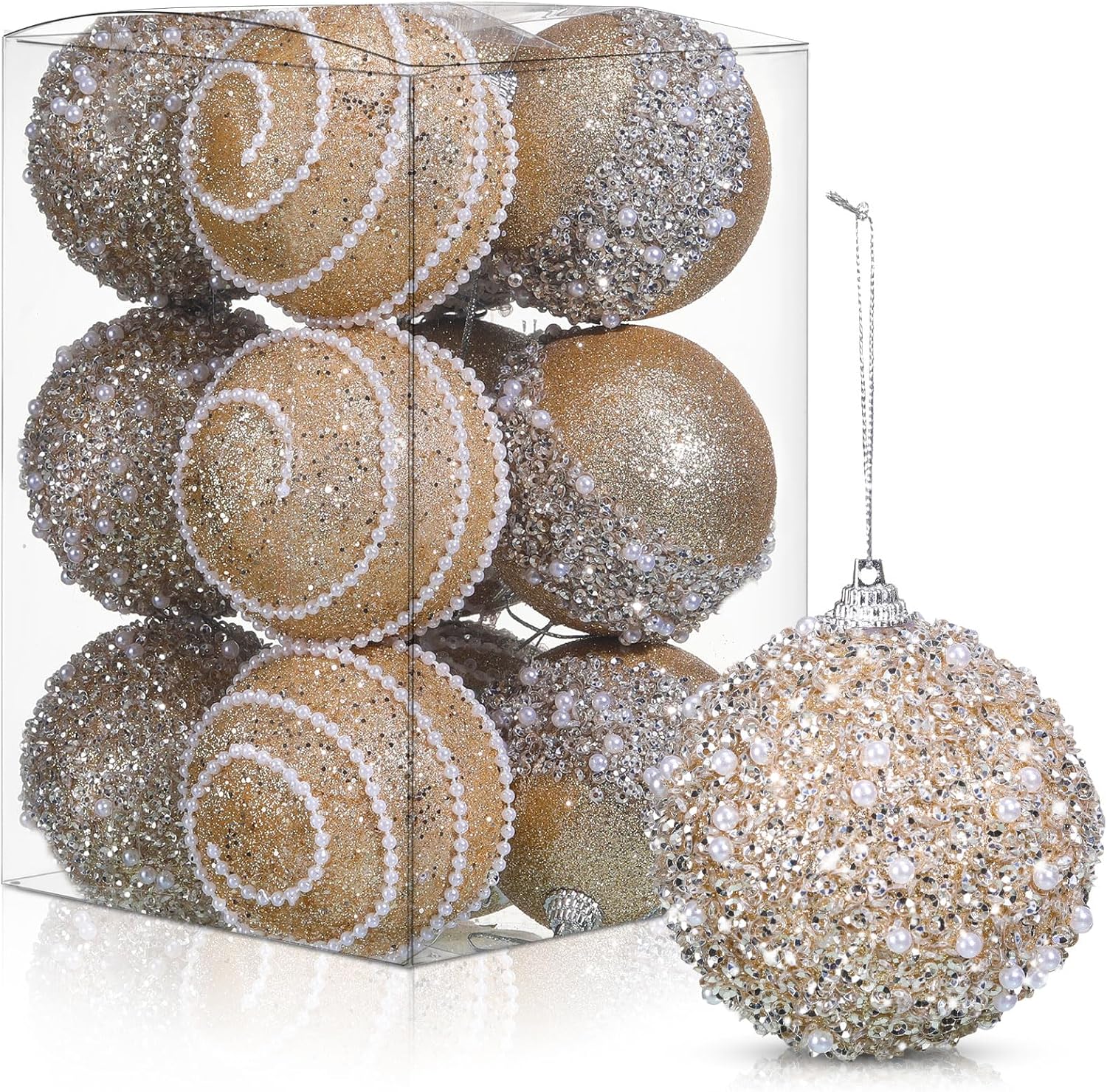 Ornaments - Liliful 12 Pcs Christmas Ball Ornaments Christmas Tree Decorations Shatterproof Foam Glitter Balls Hanging Xmas Tree Balls for Home New Year Holiday Indoor Outdoor Party Decor (Gold,3.54 Inch)