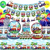 Train Party Supplies , Includes Happy Birthday Banner, Plates, Cupcake Toppers, Napkins, Cups, Tablecloths, for Train Theme Party Birthday Vehicle Party Decorations Serves 20