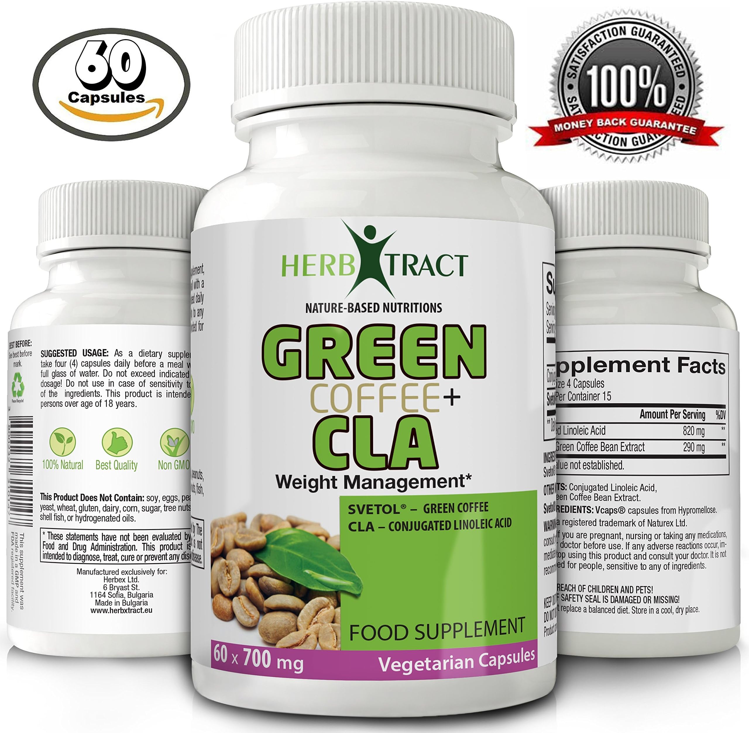 Green Coffee Bean Extract (Svetol) + CLA - Extreme Weight Loss Dietary Supplement - High Potency Formula - Belly Fat Burner for Men and Women - 60 Capsules