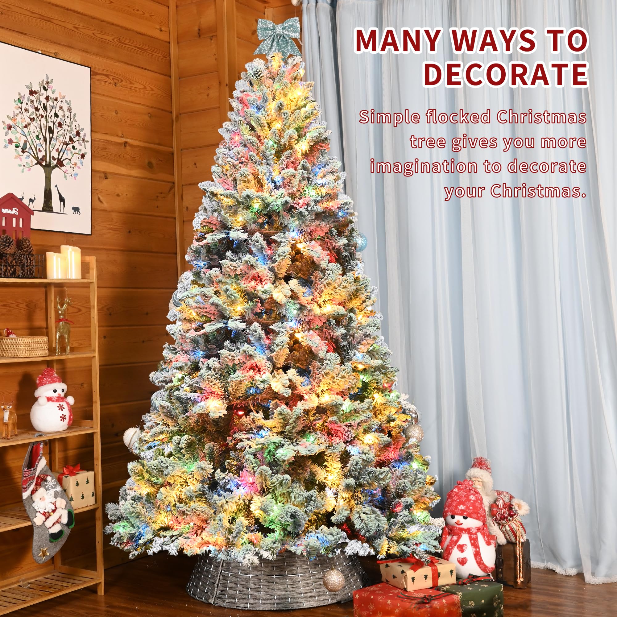 7FT Pre-Lit Christmas Tree with 500 Multicolor Lights, Realistic Snow Flocked Artificial Pine Trees with Pine Cones & Premium PVC, Sturdy Foldable Metal Stand, Easy Assembly Hinged Design