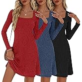 Velvelhall 3 Pack Women's Sweater Dresses Square Neck Long Sleeve Ribbed Knit Casual Tunic Dress Fall Winter Trendy Outfits