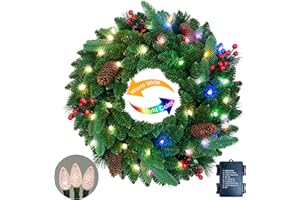 Assilyraft 26 inches Pre-lit Artificial Christmas Wreath with Red Berries, Pine Cones, 40 C3 Dual-Color Multi-Functional Battery Operated LED Lights with Timer
