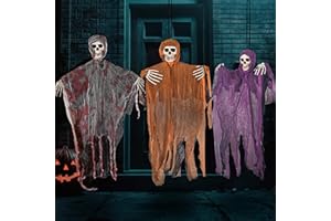 SNORECAT 3 Pack Hanging Ghosts Halloween Decoration Outdoor, 31" Hanging Skeleton Ghost Halloween Decor, Ground Insertion Skeleton Halloween Grim Reapers Haunted House Props, Halloween Décor Scary