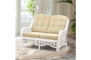 WICKERIX Malibu Lounge Loveseat Sofa Natural Rattan Wicker Handmade Design with Cream Cushions, White Color