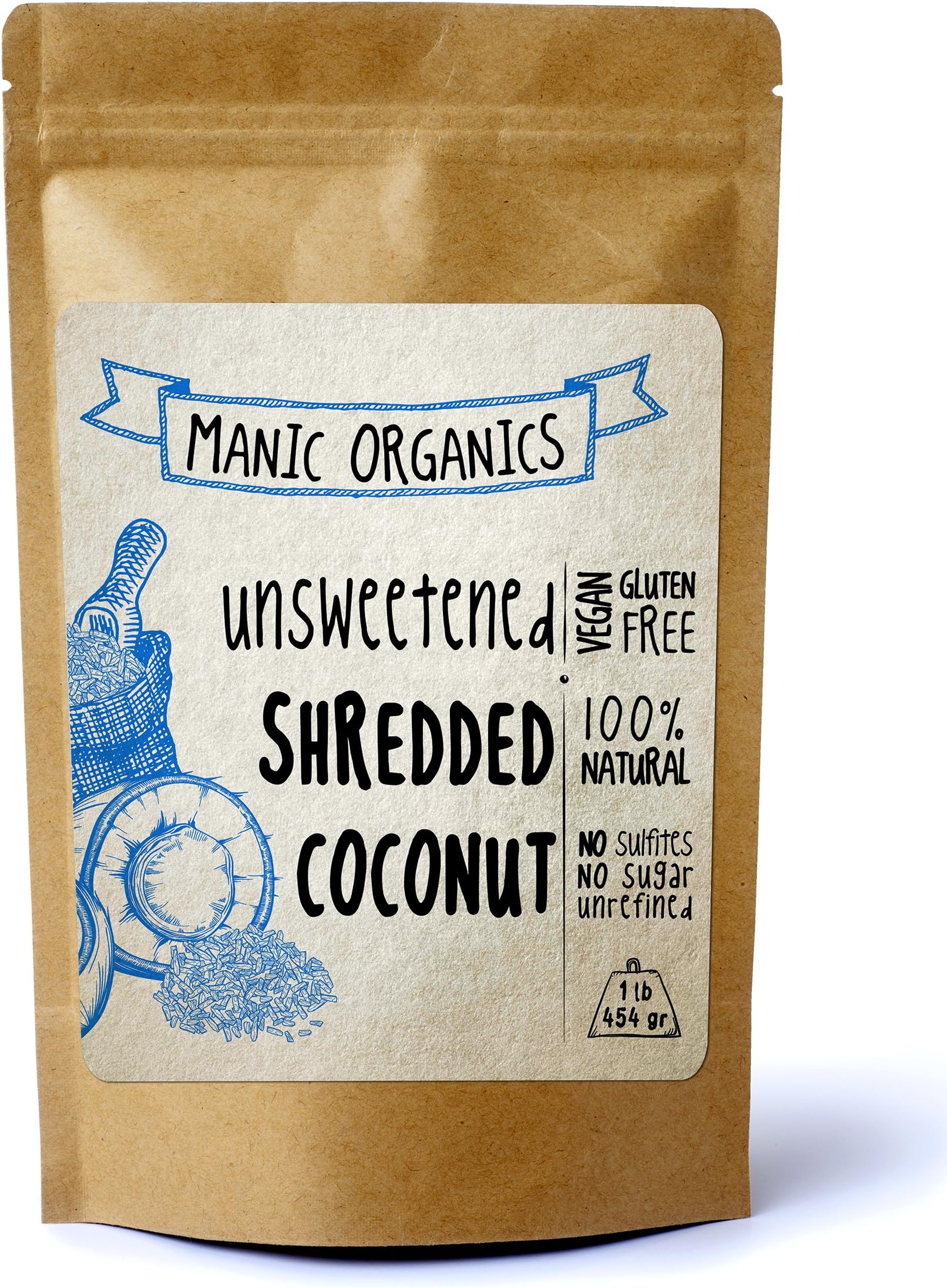 Shredded Coconut - Unsweetened Organic Vegan Paleo Kosher Non GMO Coconut Meat - Comes With Vegan Recipes - No Sulfites All Natural