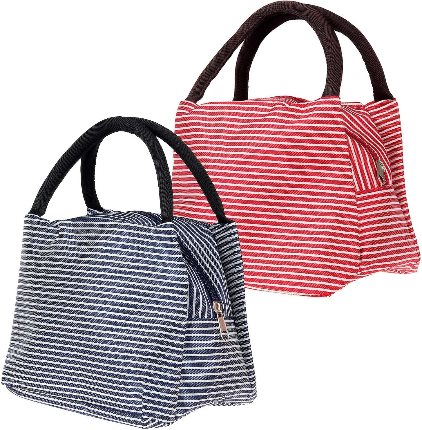 Laburnum® Lunch Bags, Solid Useful Linen Cotton Stripe 2pc Fashion Lunch Tote Bag Lunch Bag Grocery Bags with Zipper (Red&blue)