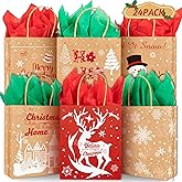 24 Pack Christmas Kraft Bags, 7x 8.6 x 3'' Gift Paper Bags with Tissue Paper for Xmas Treat Bags, Holidays Decorations, Wrapping Xmas Holiday Presents, Christmas Party Favors & Packaging