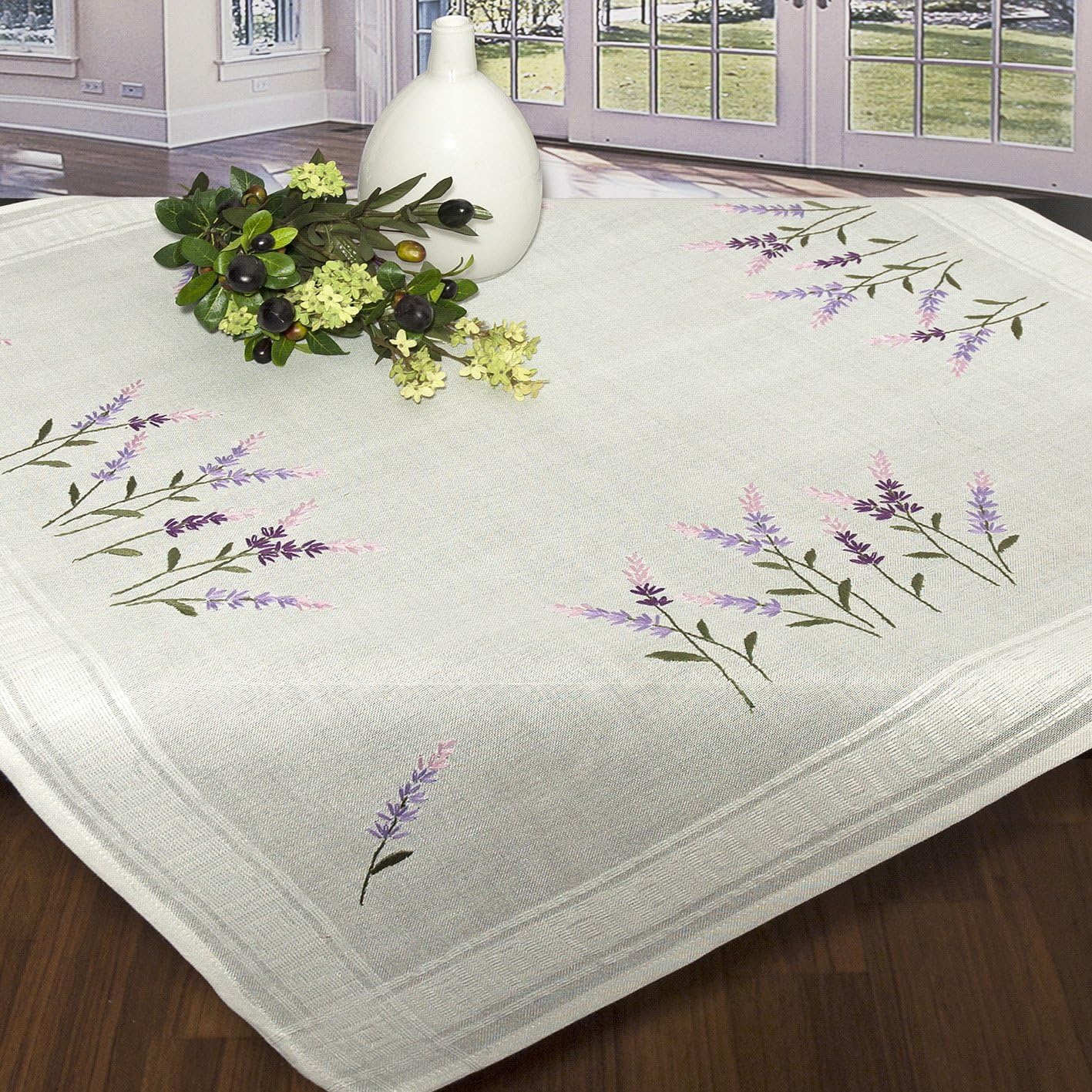 Elegant Field of Lavender Embroidery Tablecloth Kit / White 80 x 80 cm