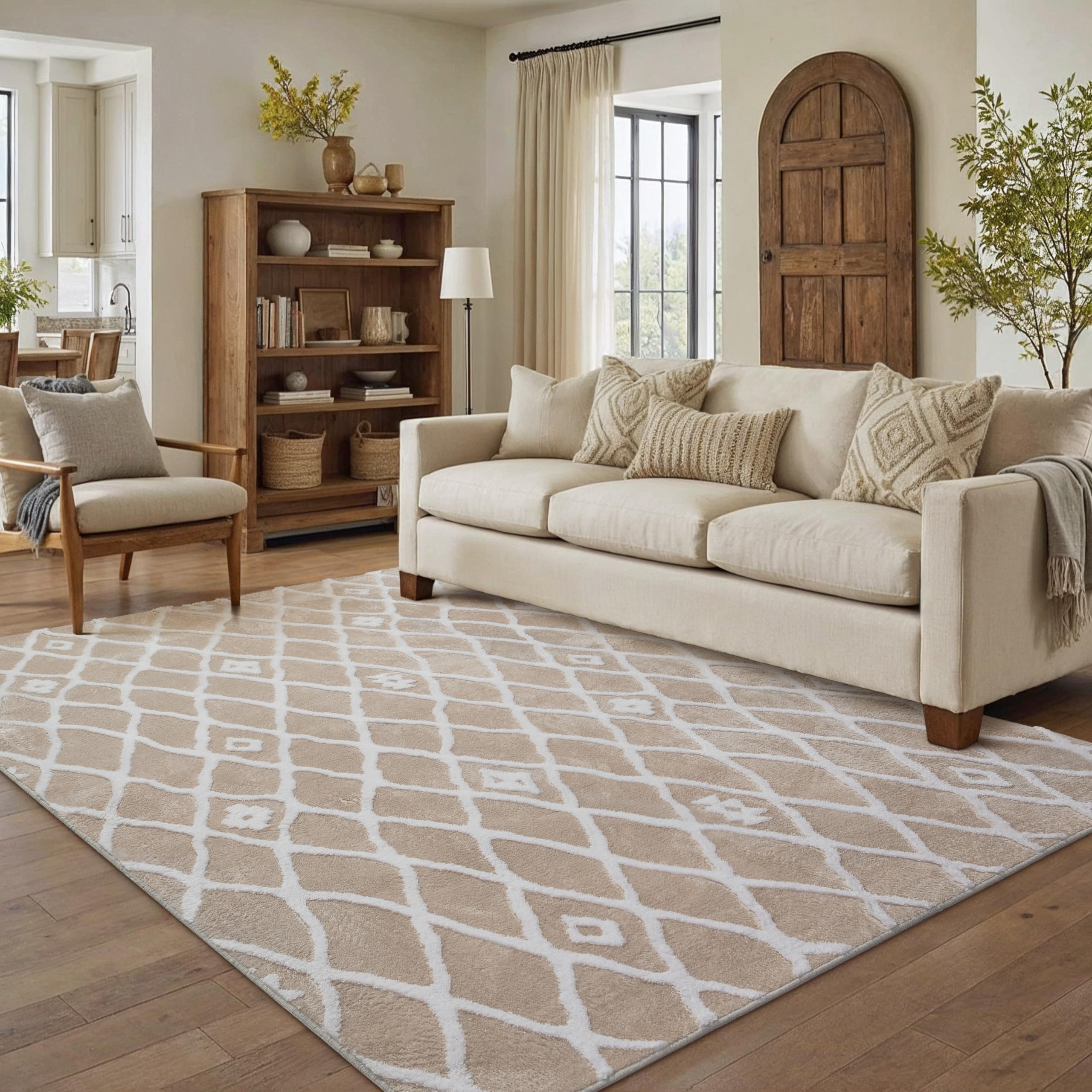 PureCozy 5x7 Area Rug for Living Room Beige Brown Washable Bedroom Rug Non Slip Soft Modern Moroccan Neutral Shag Checkered Carpet Boho Dining Room Office Playroom Nursery Image