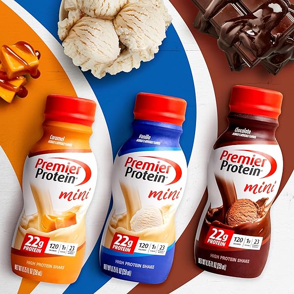 PREMIER PROTEIN SHAKE MINIS, CARAMEL, 22G PROTEIN, 120 CALORIES, NO ADDED SUGAR, 8.75 FL OZ, 12 PACK (PACKAGING MAY VARY)