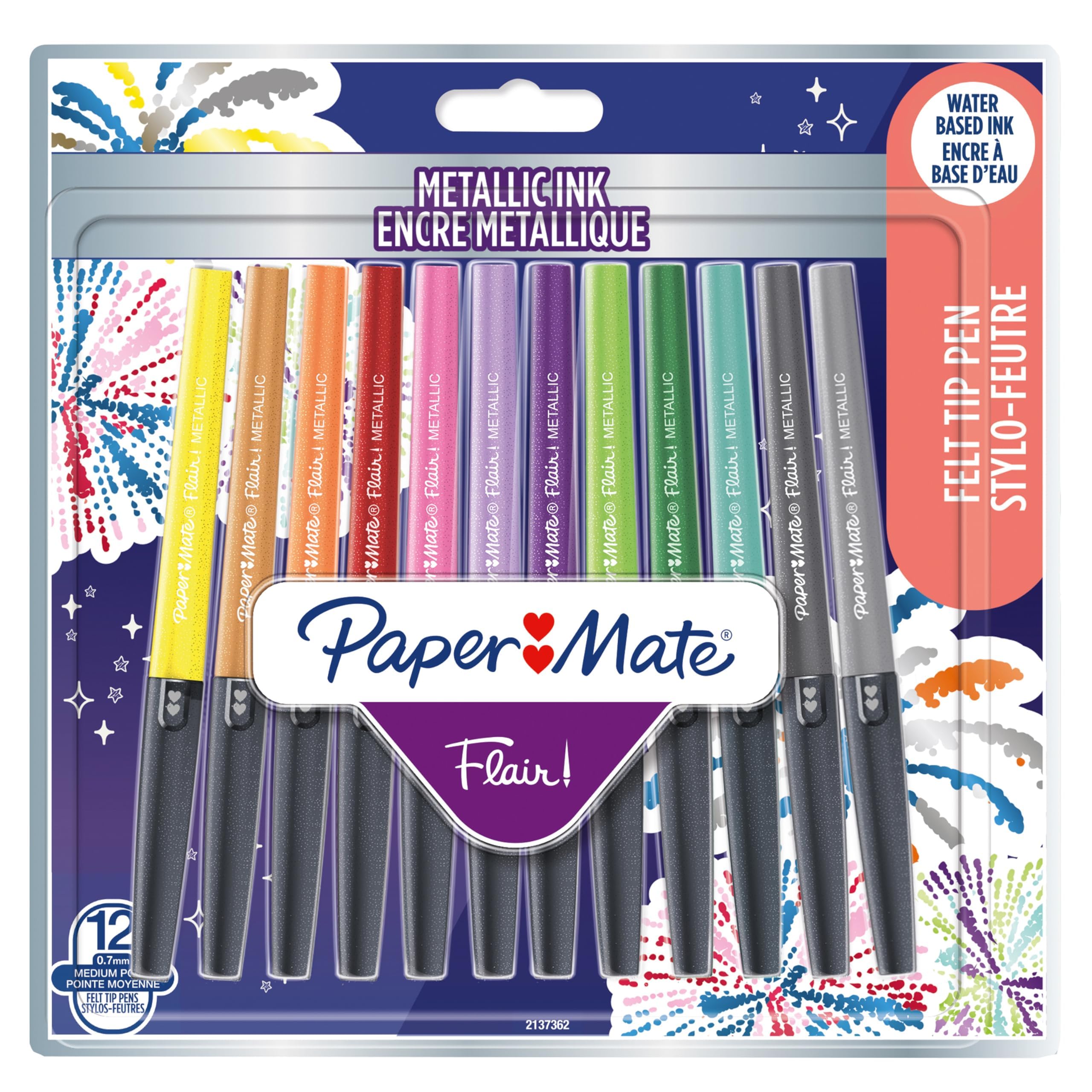 Paper Mate Flair Metallic Felt Tip Pens | Glittery Ink Shines on White Paper | Assorted Colours | Medium Point (0.7mm) | 12 Count