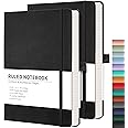 RETTACY Journaling Notebooks, 2-Pack, A5 Lined Notebook Journal with 192 Numbered Pages per Pack, 5.7'' × 8.3'', Medium, Journals for Writing, Leather Hardcover, 100 GSM Thick Paper (Black & Black)