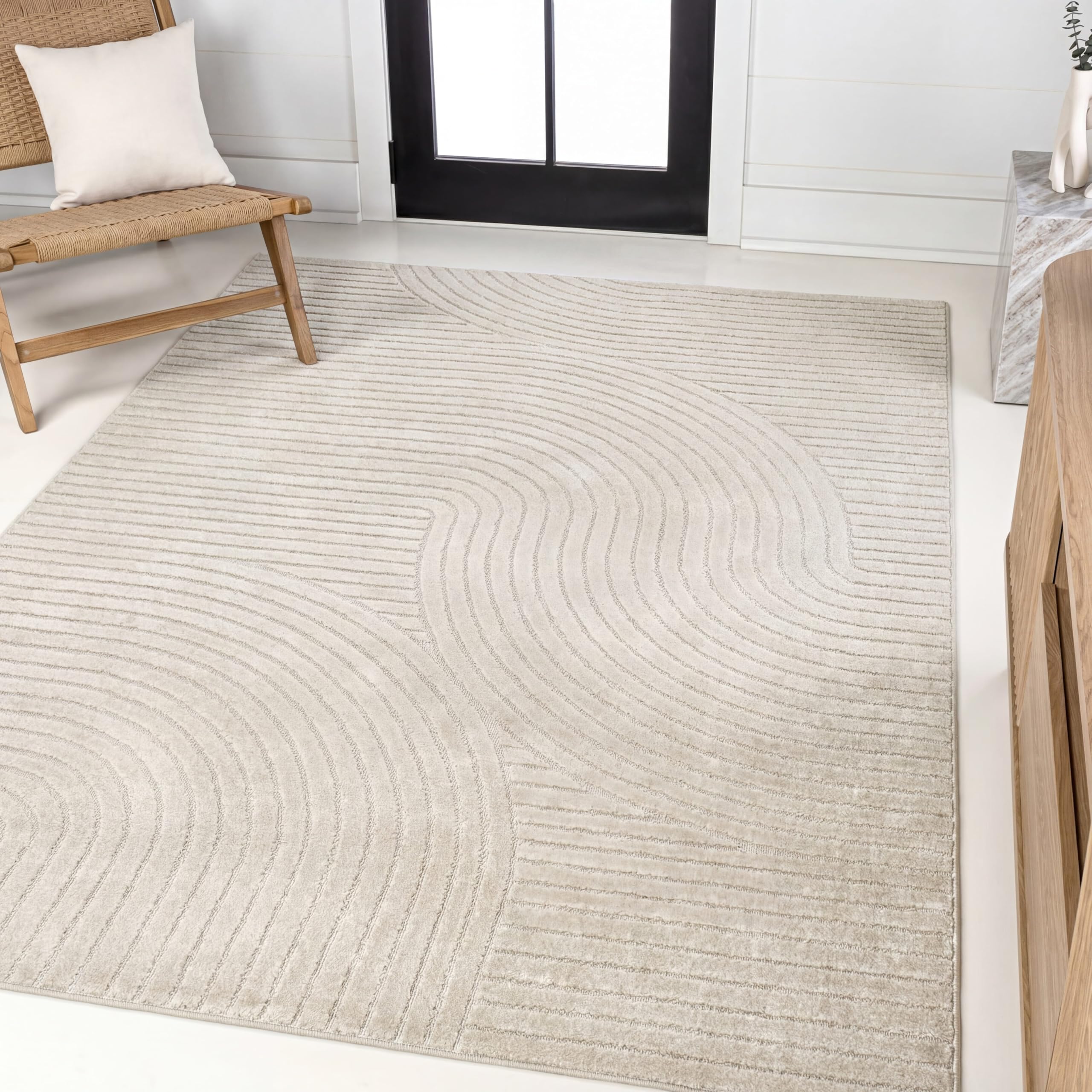 Photo 1 of JONATHAN Y Hallie High-Low Curve Ivory/Cream Indoor/Outdoor Area Rug, 8x10, Minimalist, Japandi, Pet Friendly, Non-Shedding, Stain Resistant, Hose-Washable for Backyard, Patio, Porch (SCN100B-8)