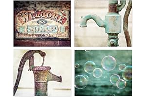 Lisa Russo Fine Art - Laundry Room Decor or Bathroom Wall Art - Set of 4 8x10” Photo Prints - Unframed - Vintage, Farmhouse, Rustic Style - Bubbles, Teal, Brown, Aqua (4 8x10 Prints)