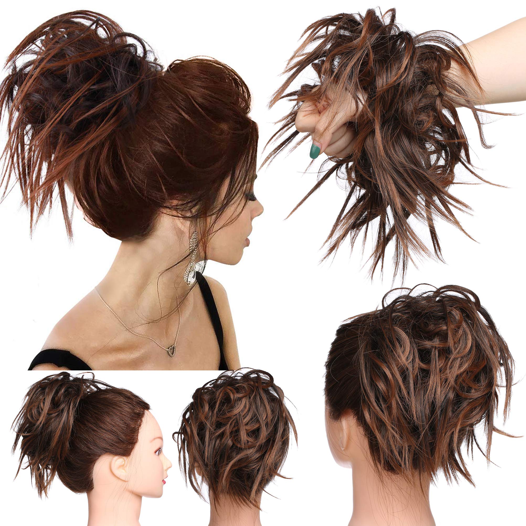 Tousled Updo Messy Bun Hair Piece Scrunchies Hair Synthetic Wavy Bun Extensions Fluffy Updo Scrunchy Chignon with Elastic Rubber Band Wrap on Donut Ponytail Hairpieces Aubrun mix Medium Brown