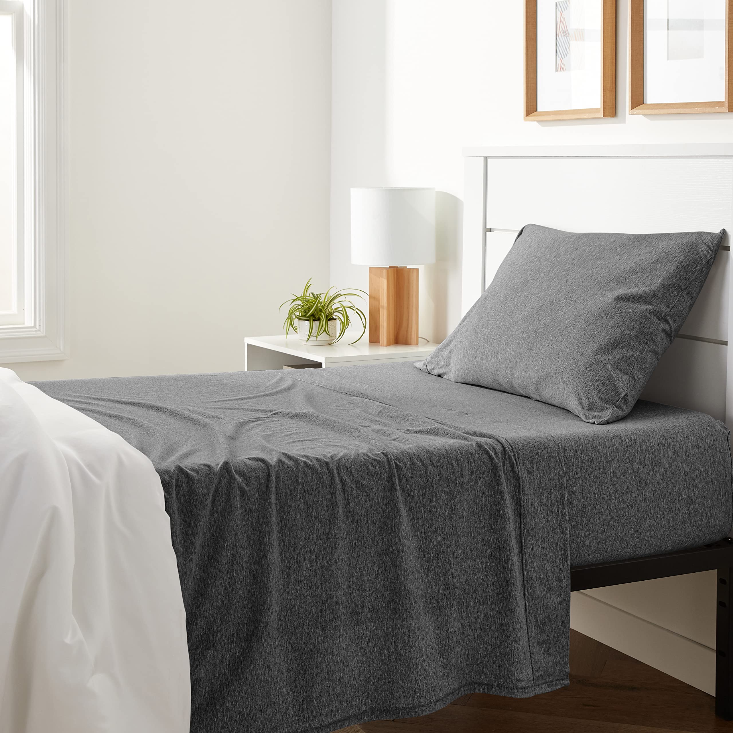 Photo 1 of Amazon Basics 3 Piece Bed Sheet Set, 100% Cotton Jersey, Includes Super Soft, Flat and Fitted Sheets, Pillowcase, Twin, Dark Gray, Solid