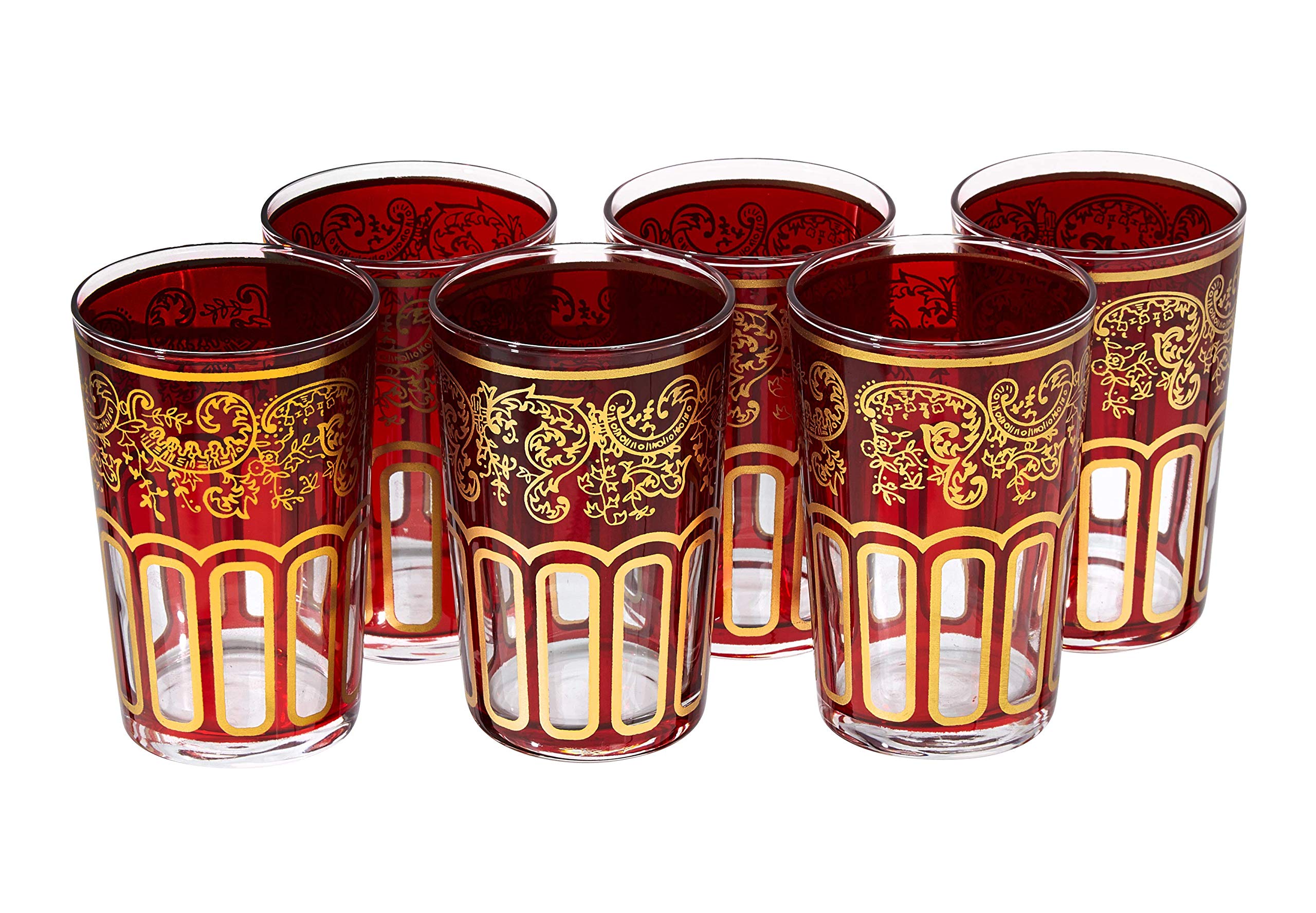 Moroccan Tea Glasses with a Beautiful Classical Moroccan Design Painted and Decorated by Hand Pack of 6 (Red)