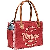 Canvas Tote Bag for Women, Shoulder Bag with Leather Handles, Beach Bag, Handbag, Travel & Everyday Use (Vintage Print, Red, 13 x 10 Inch)