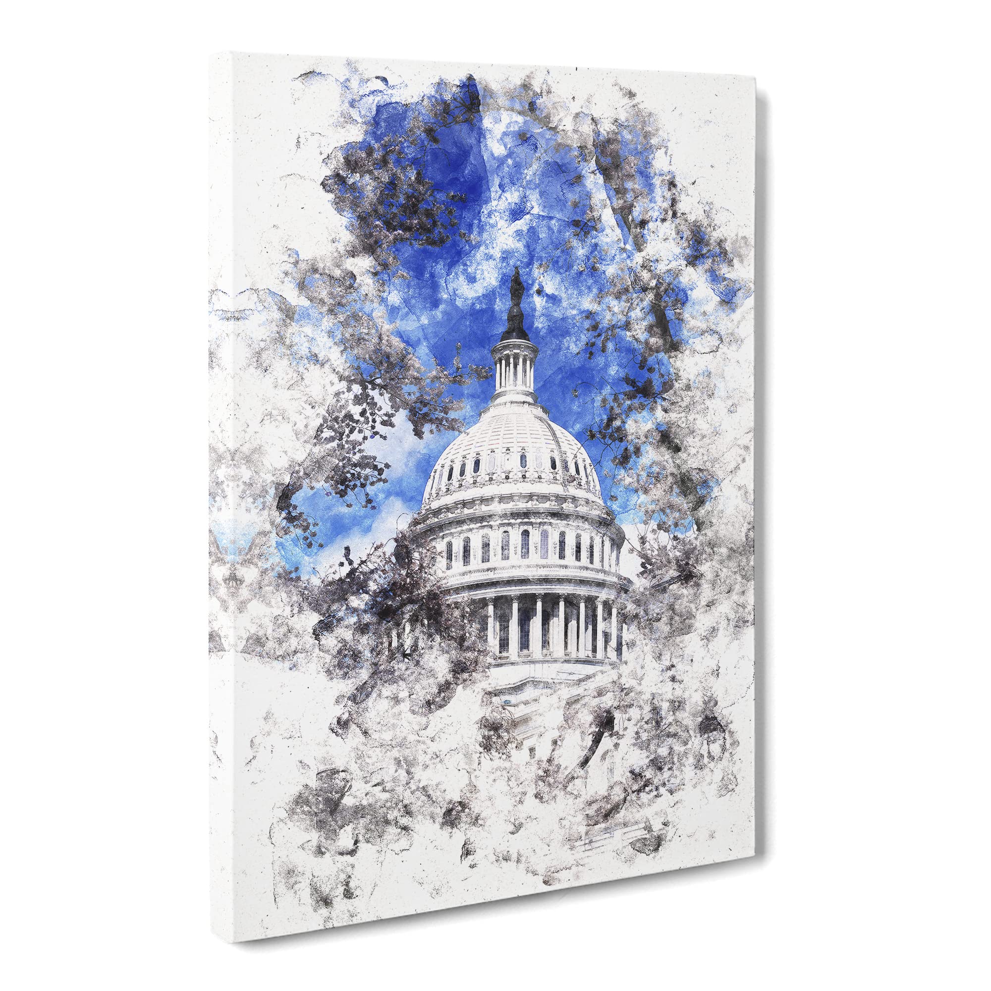 Capitol Hill & Cherry Blossom Tree Watercolour Canvas Print | Gallery Wrapped 30mm Frame Wall Art | 20x14 inches | Ready to Hang | Modern Floral Picture | Living Room Bedroom Lounge Office