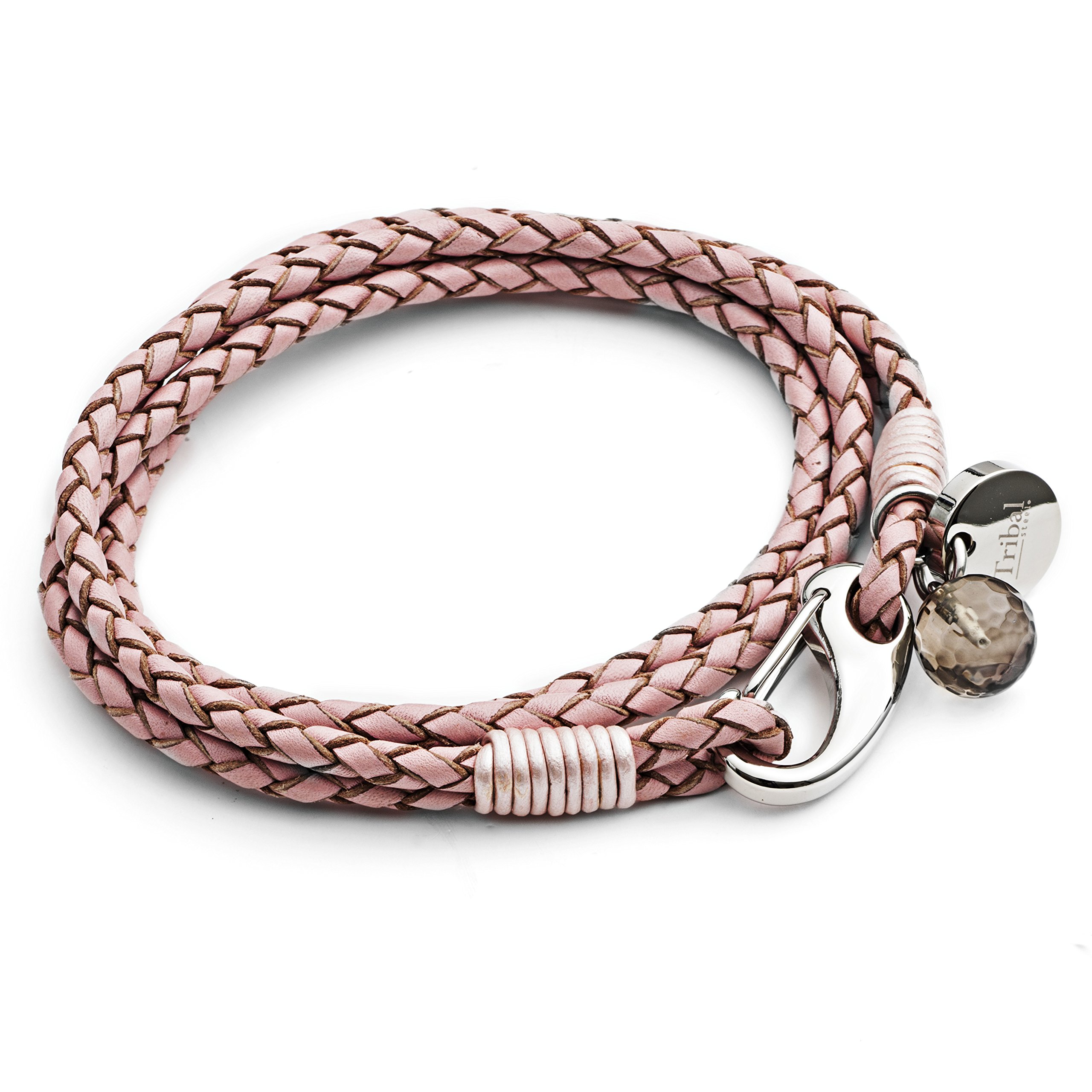Tribal Steel Pink Leather Bracelet for Women - Ladies 19cm Leather Charm Bracelet with a Crystal Charm, Stainless Steel Clasp…
