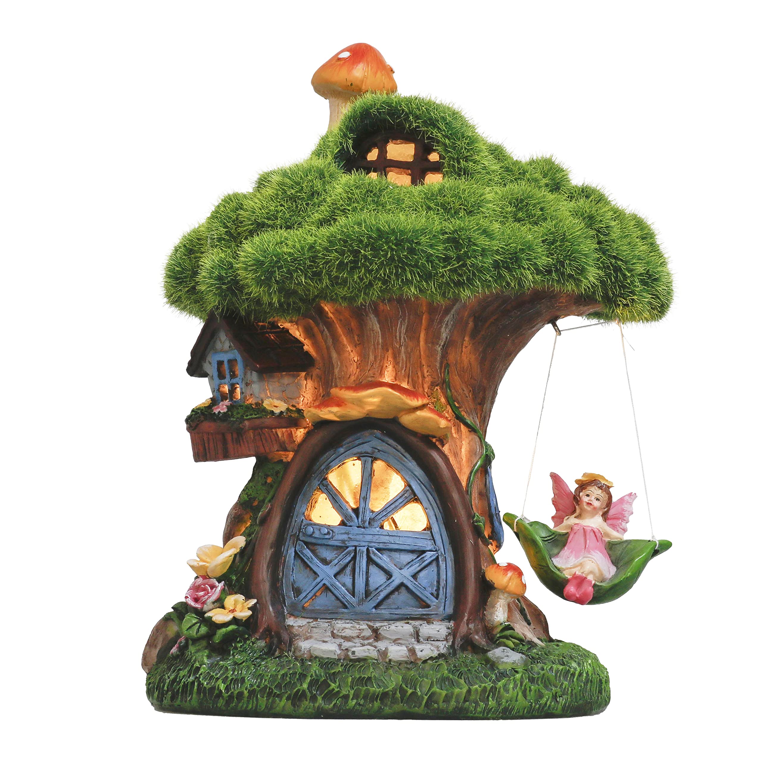 TERESA'S COLLECTIONS Garden Ornaments Outdoors, Solar Green Tree House with Swinging Fairy, Waterproof Resin Fairy House Ornaments, Indoor Outdoor 19.5CM