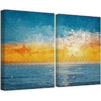 SIGNWIN Canvas Wall Art Yellow Orange Sunrise Over The Blue Sea Coastal Ocean Oil Painting Abstract Modern Scenic Relax/Calm for Living Room, Bedroom, Office - 16
