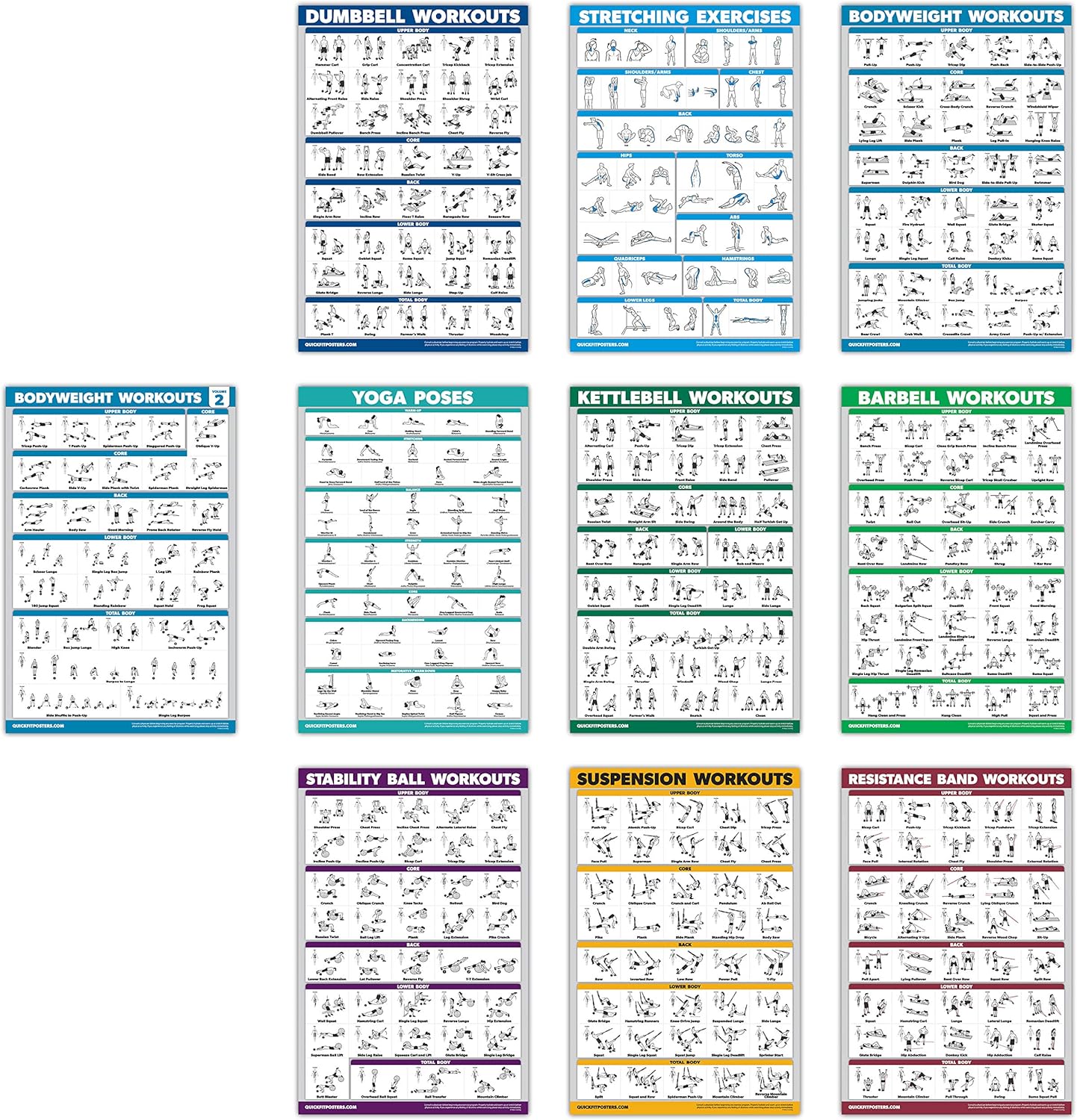 QuickFit 10 Pack - Exercise Workout Poster Set - Bodyweight Volume 1& 2, Dumbbell, Suspension, Kettlebell, Resistance Bands, Stretching, Barbell, Yoga Poses, Exercise Ball