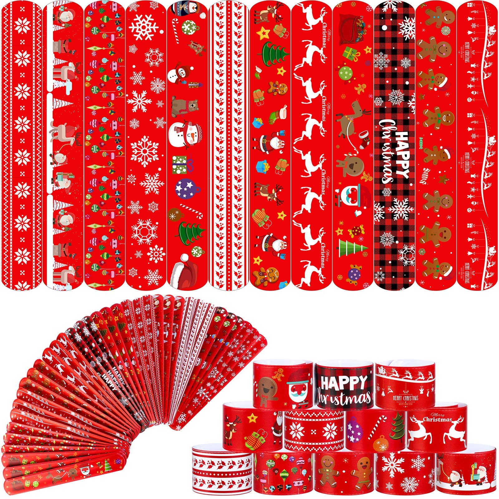 ELCOHO 60 Pack Christmas Slap Bracelets Toys Xmas Slap Bands Santa Claus Snowman Reindeer Slap Wristband for Christmas Party Favors